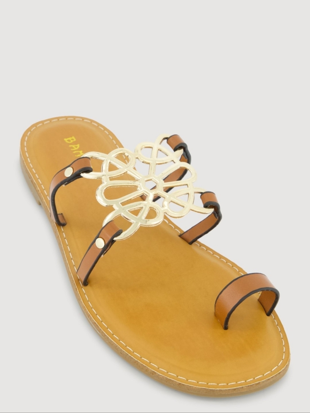 BAMBOO Tan Slide Sandal with Gold Decorative Medallion